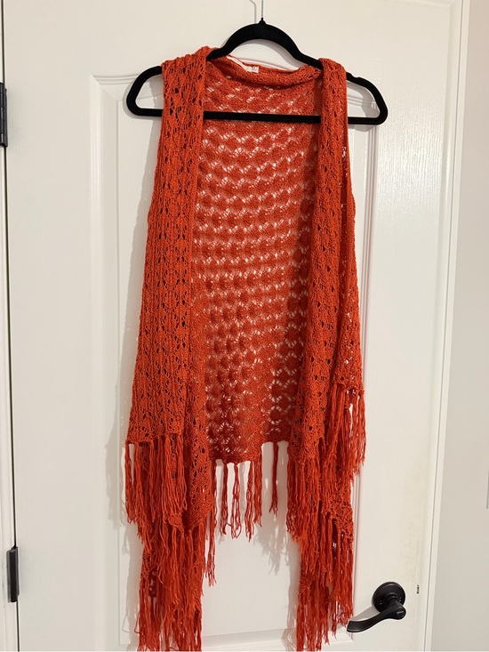 entro Tops - entro Orange Crochet Fringe Vest